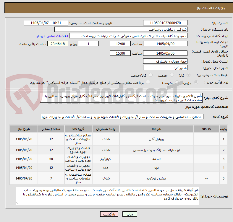 تأمین اقلام و متریال مورد نیاز جهت ساخت فیکسچر کابلهای فیبر نوری در اتاق کابل مرکز بروجن، مطابق با مشخصات فنی در لیست پیوست