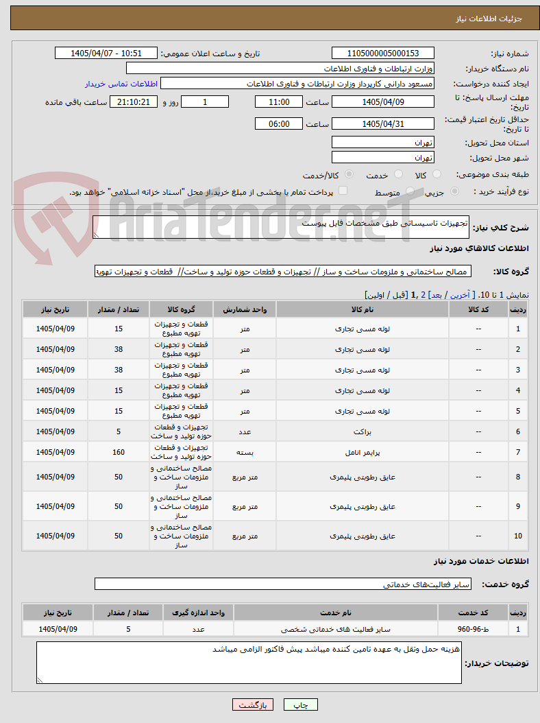 تصویر کوچک آگهی تجهیزات تاسیساتی طبق مشخصات فایل پیوست