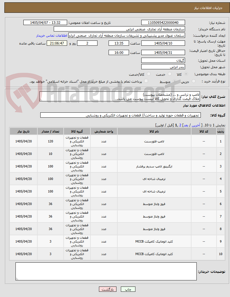 لامپ و ترانس و ... (مشخصات پیوست)
ملاک قیمت گذاری و تحویل کالا لیست پیوست می باشد.