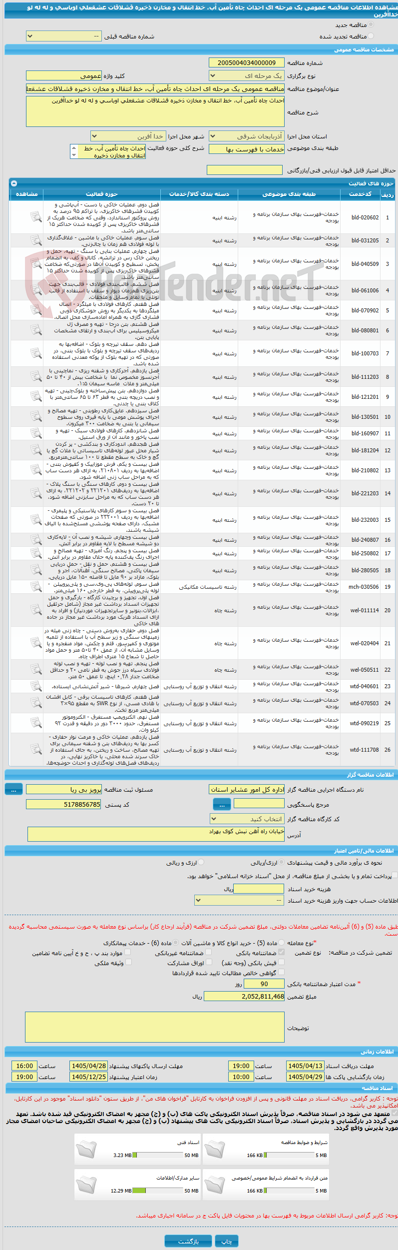 تصویر کوچک آگهی مناقصه عمومی یک مرحله ای احداث چاه تأمین آب، خط انتقال و مخازن ذخیره قشلاقات عشقعلی اوباسی و له له لو خداآفرین