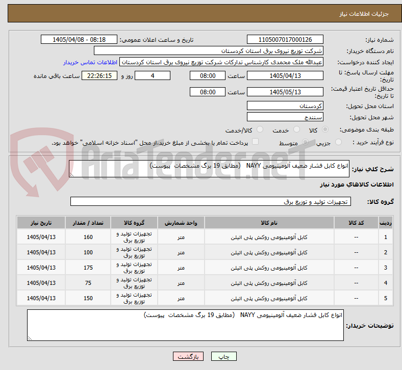 تصویر کوچک آگهی انواع کابل فشار ضعیف آلومینیومی NAYY   (مطابق 19 برگ مشخصات  پیوست)
