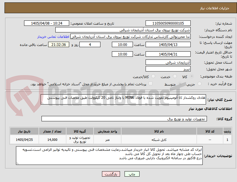 تصویر کوچک آگهی هادی روکشدار cc آلومینیوم تقویت شده با فولاد MINK با ولتاژ نامی 20 کیلوولت طبق مخصات فنی پیوستی
