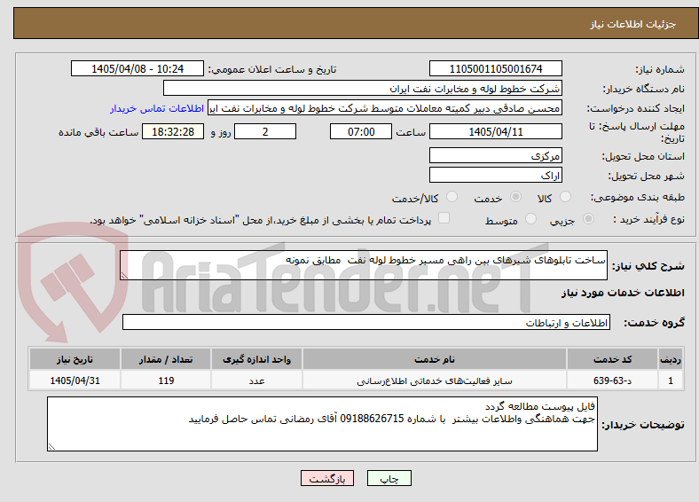 تصویر کوچک آگهی ساخت تابلوهای شیرهای بین راهی مسیر خطوط لوله نفت مطابق نمونه