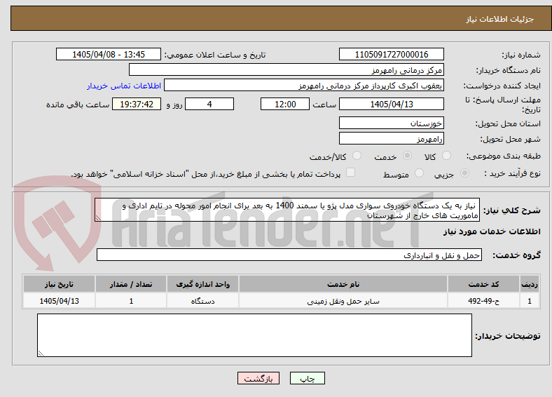 نیاز به یک دستگاه خودروی سواری مدل پژو یا سمند 1400 به بعد برای انجام امور محوله در تایم اداری و ماموریت های خارج از شهرستان