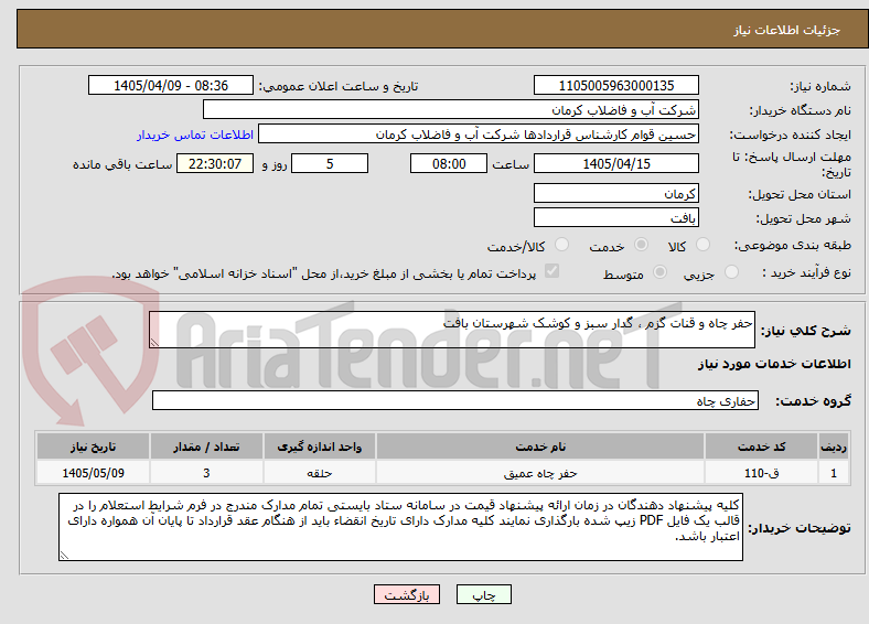 تصویر کوچک آگهی حفر چاه و قنات گزم ، گدار سبز و کوشک شهرستان بافت