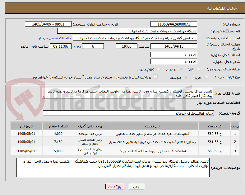 تصویر کوچک آگهی تامین غذای پرسنل نوبتکار . کیفیت غذا و محل تامین غذا در اولویت انتخاب است.کارفرما در تایید و عدم تایید پیمانکار اختیار کامل دارد