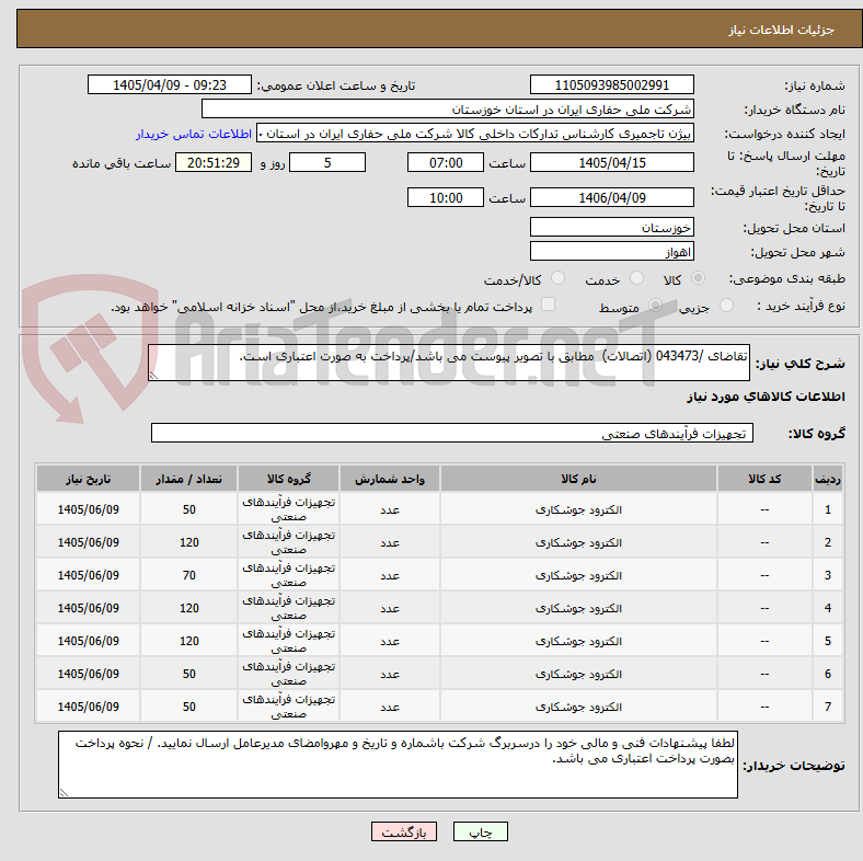 تقاضای /043473 (اتصالات) مطابق با تصویر پیوست می باشد/پرداخت به صورت اعتباری است.