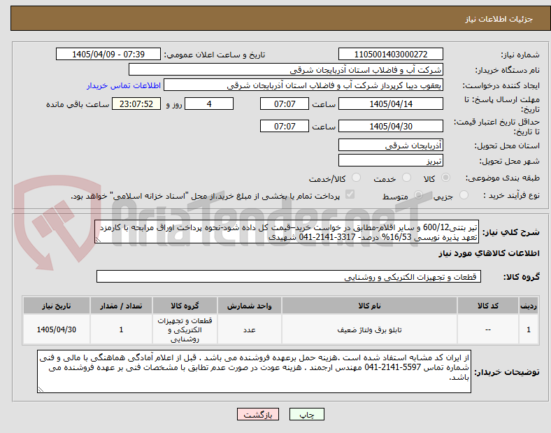 تصویر کوچک آگهی تیر بتنی600/12 و سایر اقلام-مطابق در خواست خرید–قیمت کل داده شود-نحوه پرداخت اوراق مرابحه با کارمزد تعهد پذیره نویسی 16/53% درصد- 3317-2141-041 شهیدی