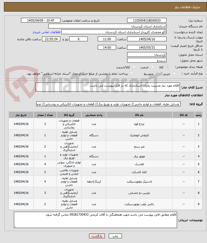 تصویر کوچک آگهی اقلام مورد نیاز مدیریت بحران استانداری که در فایل پیوست می باشد..