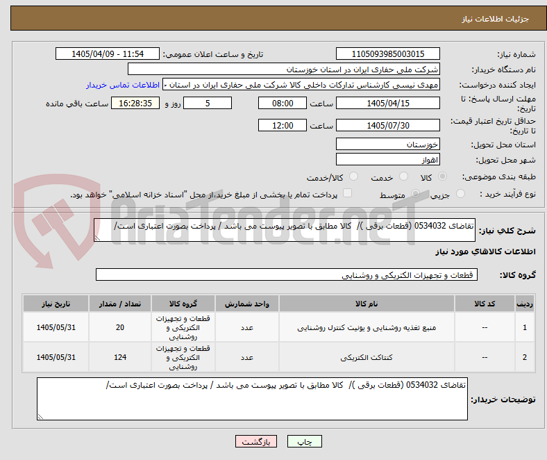 تصویر کوچک آگهی تقاضای 0534032 (قطعات برقی )/  کالا مطابق با تصویر پیوست می باشد / پرداخت بصورت اعتباری است/