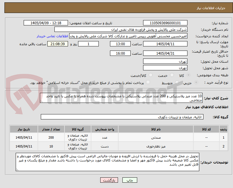 تصویر کوچک آگهی 10 عدد میز پلاستیکی و 200 عدد صندلی پلاستیکی با مشخصات پیوست شده همراه با عکس با تایید واحد متقاضی 