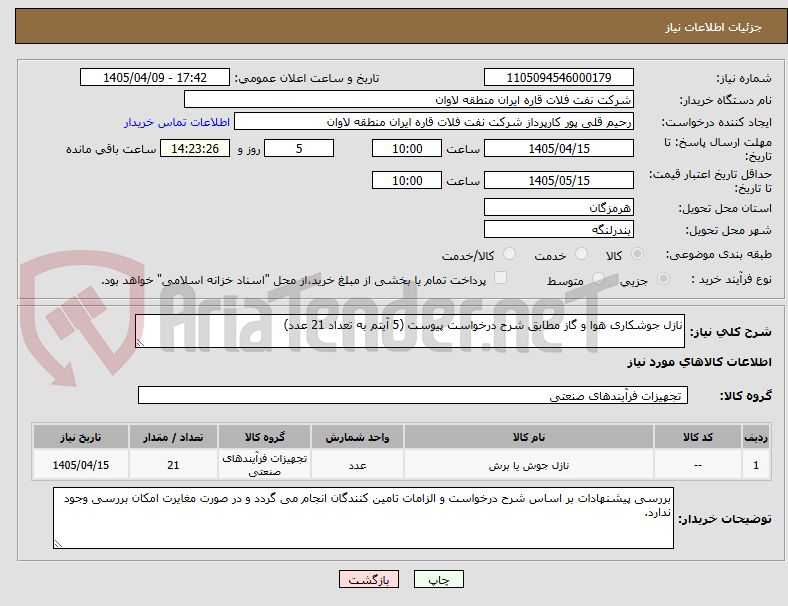 تصویر کوچک آگهی نازل جوشکاری هوا و گاز مطابق شرح درخواست پیوست (5 آیتم به تعداد 21 عدد)