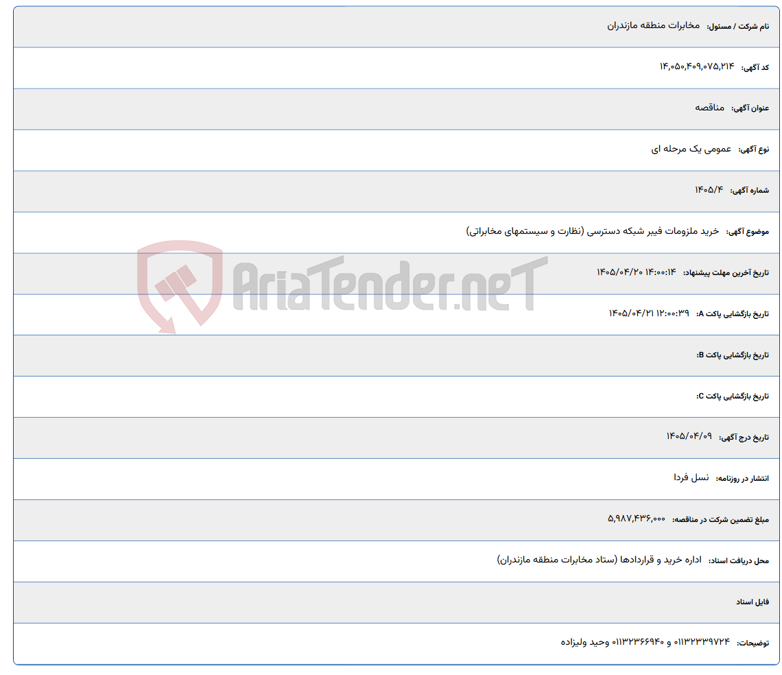 تصویر کوچک آگهی خرید ملزومات فیبر شبکه دسترسی (نظارت و سیستمهای مخابراتی)