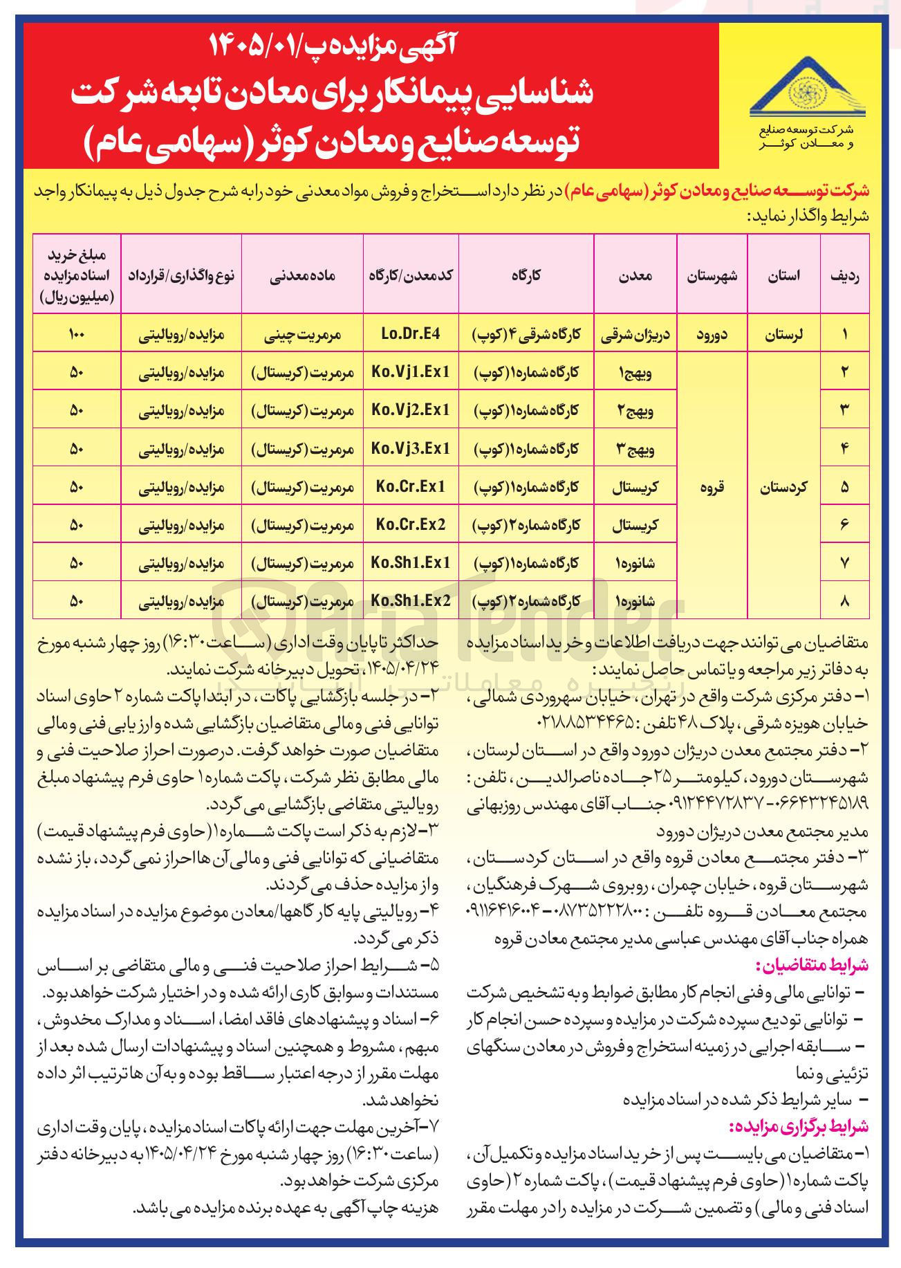 تصویر کوچک آگهی شناسایی پیمانکار برای معادن تابعه شرکت توسعه صنایع و معادن کوثر جهت استخراج و فروش مواد معدنی.