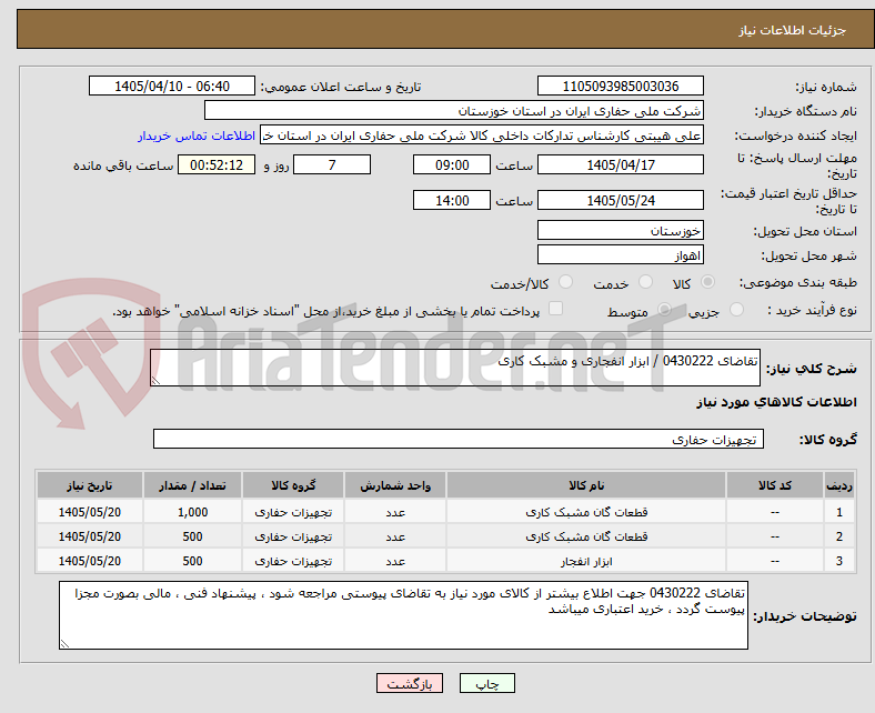 تصویر کوچک آگهی تقاضای 0430222 / ابزار انفجاری و مشبک کاری