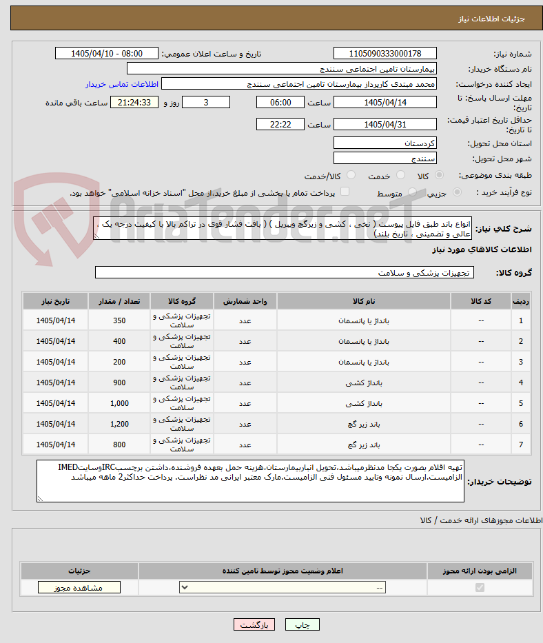 تصویر کوچک آگهی انواع باند طبق فایل پیوست ( نخی ، کشی و زیرگچ ویبریل ) ( بافت فشار قوی در تراکم بالا با کیفیت درجه یک ، عالی و تضمینی ، تاریخ بلند)