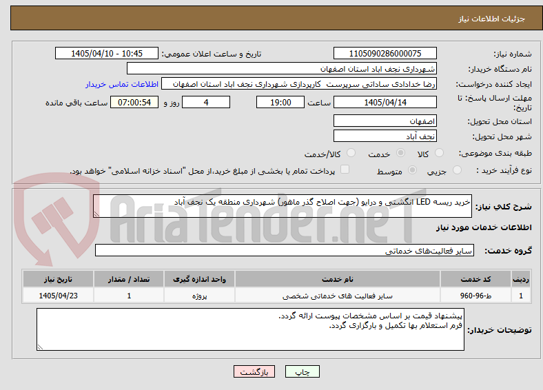 خرید ریسه LED انگشتی و درایو (جهت اصلاح گذر ماهور) شهرداری منطقه یک نجف آباد