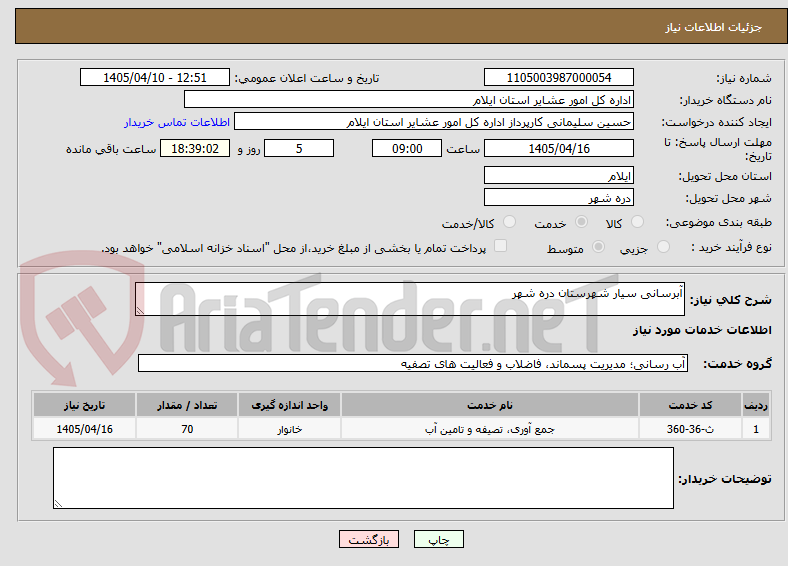 تصویر کوچک آگهی آبرسانی سیار شهرستان دره شهر 