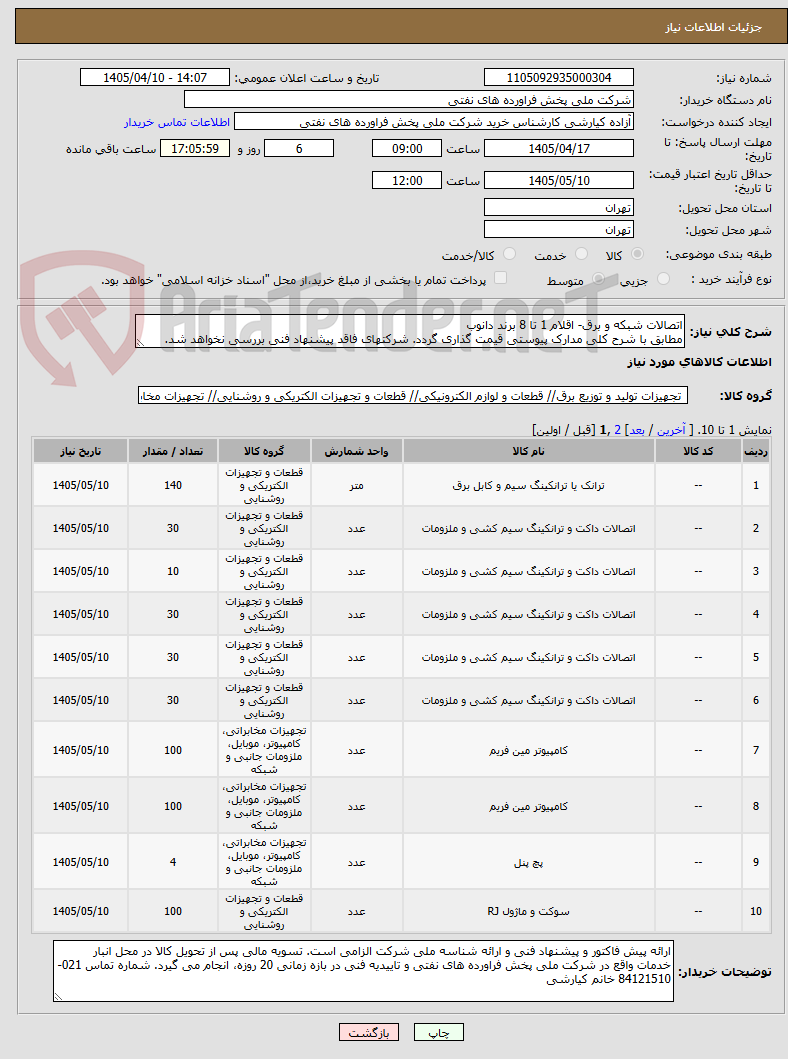 تصویر کوچک آگهی اتصالات شبکه و برق- اقلام 1 تا 8 برند دانوب
مطابق با شرح کلی مدارک پیوستی قیمت گذاری گردد. شرکتهای فاقد پیشنهاد فنی بررسی نخواهد شد.