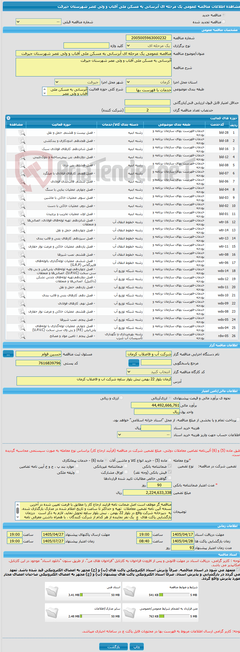 تصویر کوچک آگهی مناقصه عمومی یک مرحله ای آبرسانی به مسکن ملی آفتاب و ولی عصر شهرستان جیرفت