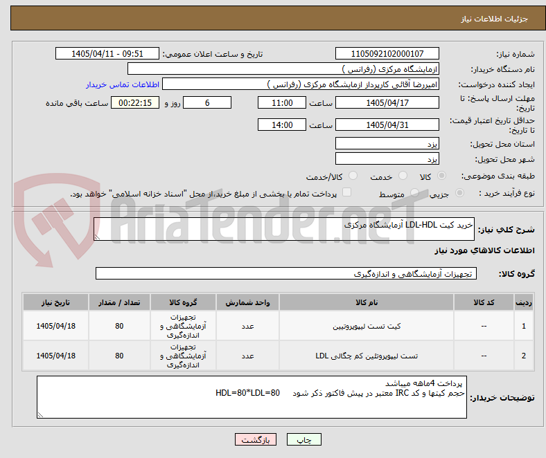 تصویر کوچک آگهی خرید کیت LDL-HDL آزمایشگاه مرکزی
