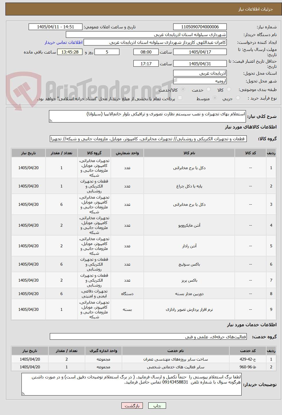 تصویر کوچک آگهی استعلام بهای تجهیزات و نصب سیستم نظارت تصویری و ترافیکی بلوار خاتم‌الانبیا (سیلوانا)    