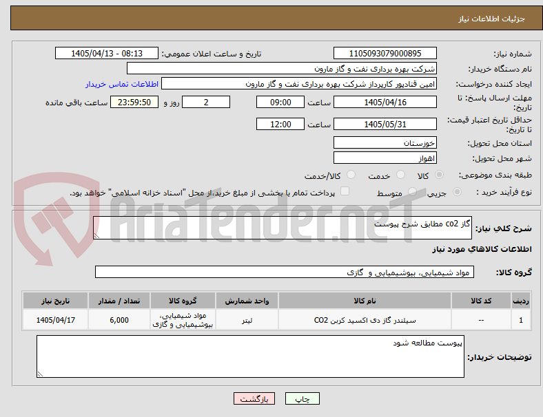 تصویر کوچک آگهی گاز co2 مطابق شرح پیوست