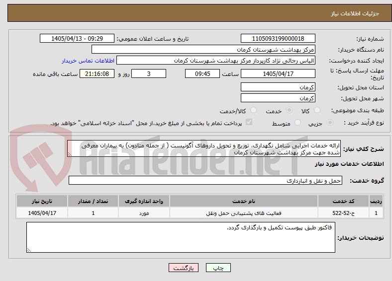 تصویر کوچک آگهی ارائه خدمات اجرایی شامل نگهداری، توزیع و تحویل داروهای آگونیست ( از جمله متادون) به بیماران معرفی شده جهت مرکز بهداشت شهرستان کرمان