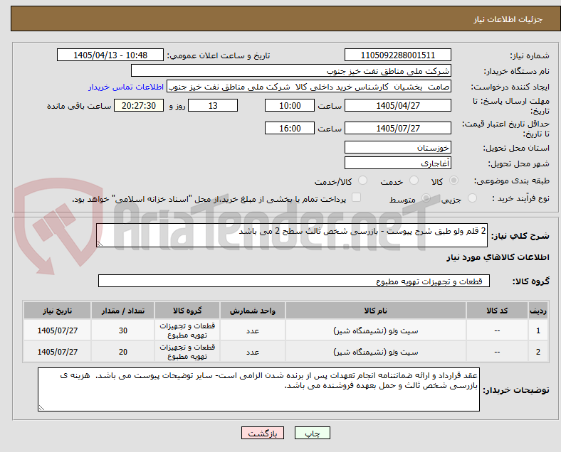 تصویر کوچک آگهی 2 قلم ولو طبق شرح پیوست - بازرسی شخص ثالث سطح 2 می باشد