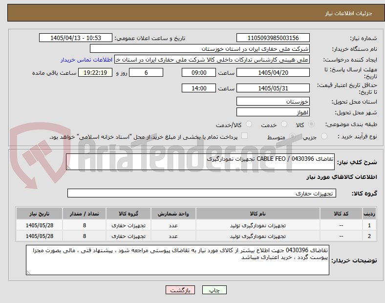 تصویر کوچک آگهی تقاضای 0430396 / CABLE FEO تجهیزات نمودارگیری
