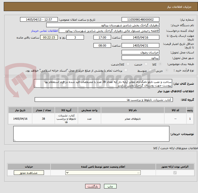 ساخت و نصب تابلو نامگذاری معابر (پایه دار )به تعداد 38 عدد با مشخصات قید شده در فرم استعلام بها پیوست جهت روستای گراخک بخش شاندیز