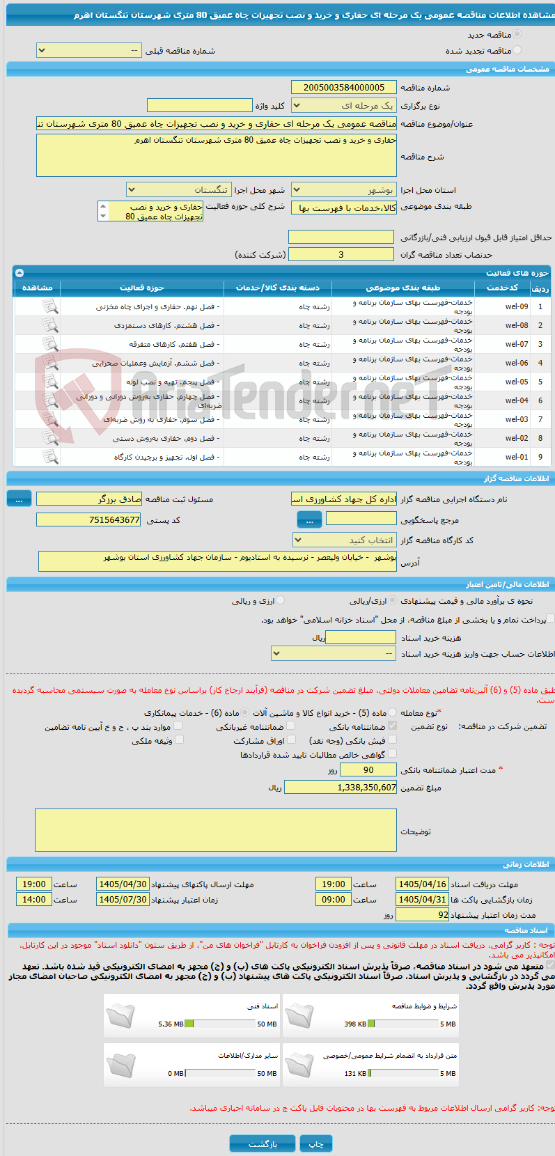 تصویر کوچک آگهی مناقصه عمومی یک مرحله ای حفاری و خرید و نصب تجهیزات چاه عمیق 80 متری شهرستان تنگستان اهرم