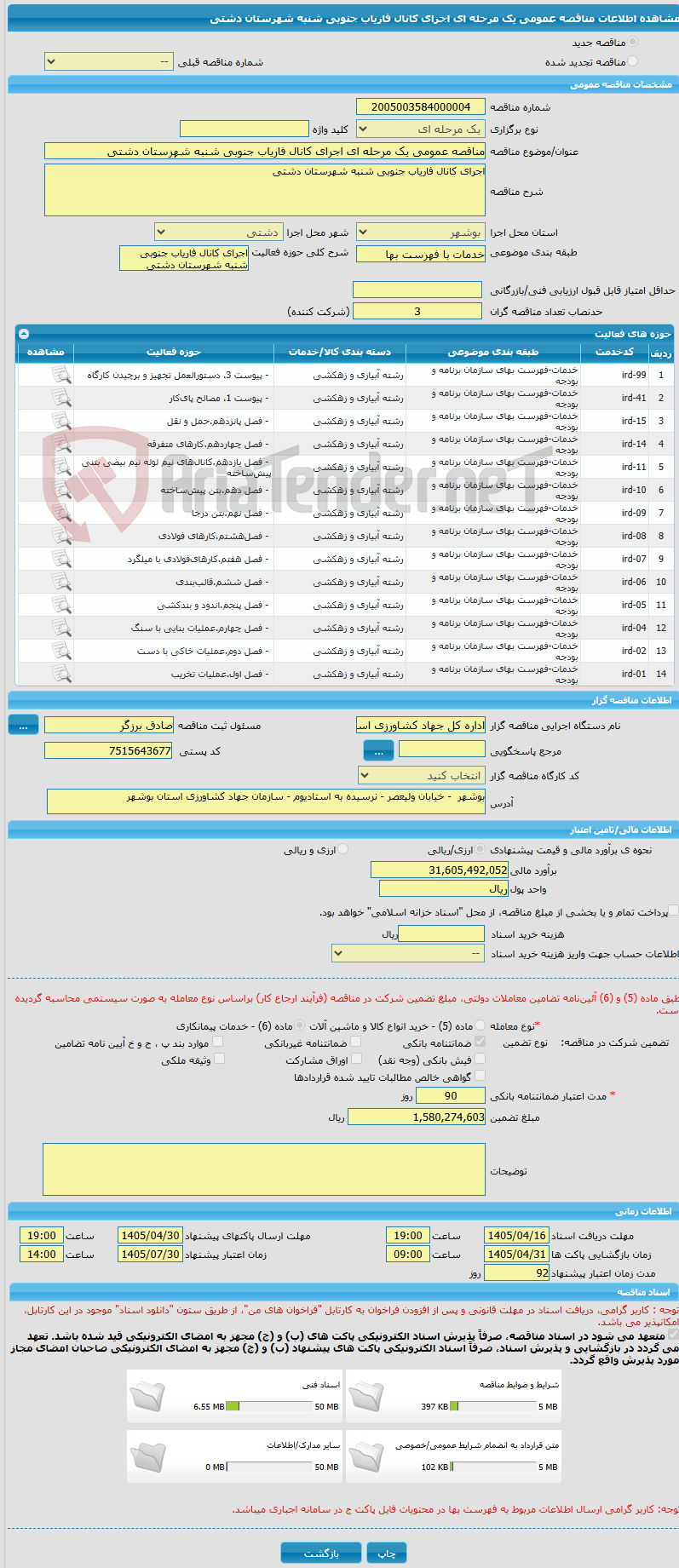 تصویر کوچک آگهی مناقصه عمومی یک مرحله ای اجرای کانال فاریاب جنوبی شنبه شهرستان دشتی