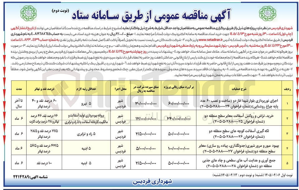تصویر کوچک آگهی بهبود عبور و مرور شهری (جدولگذاری، پیاده رو سازی) معابر سطح منطقه دو