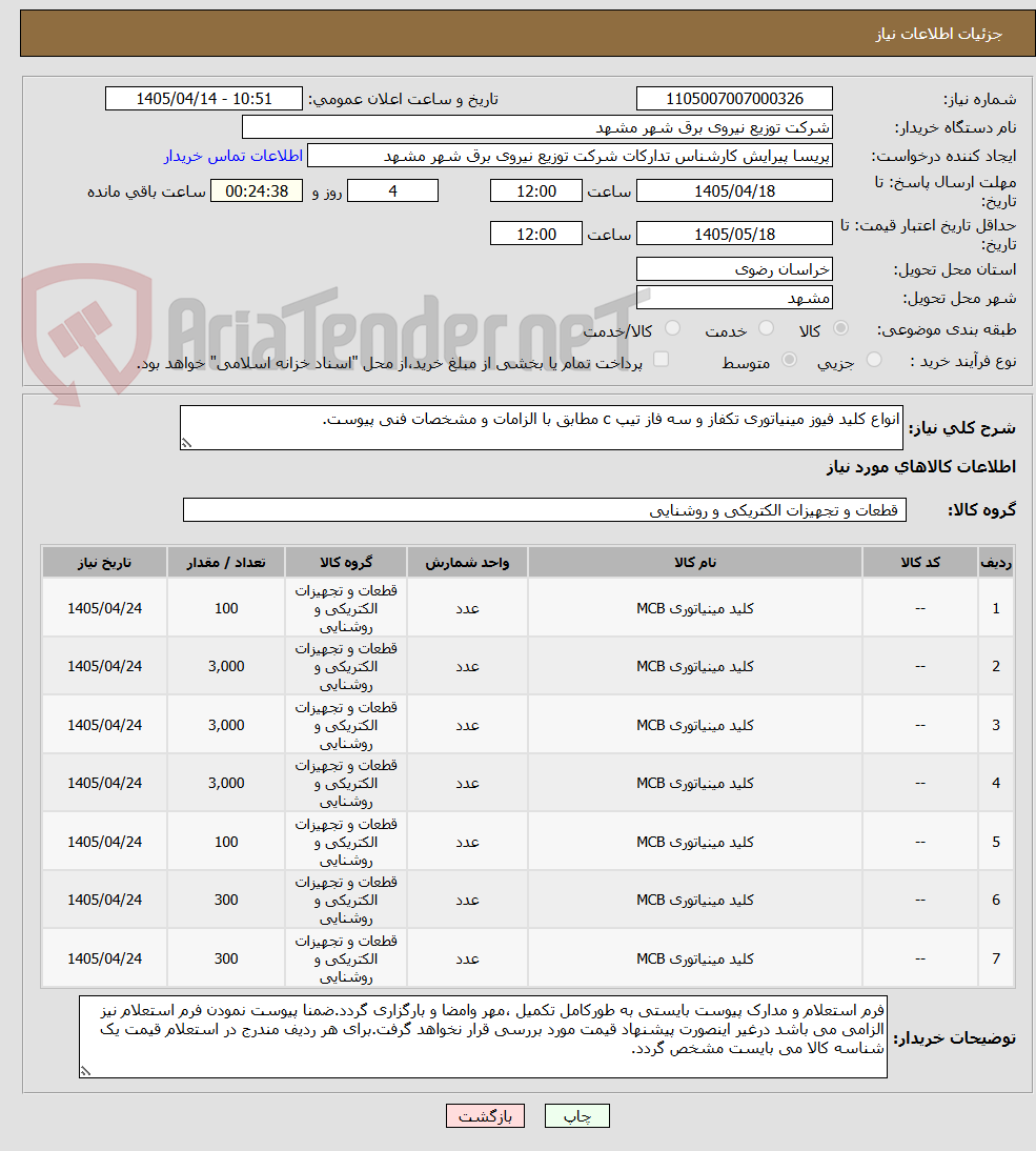 تصویر کوچک آگهی انواع کلید فیوز مینیاتوری تکفاز و سه فاز تیپ c مطابق با الزامات و مشخصات فنی پیوست.