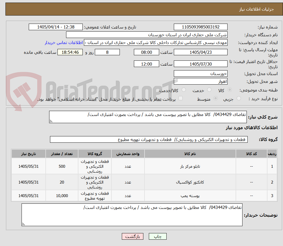 تصویر کوچک آگهی تقاضای 0434429/ کالا مطابق با تصویر پیوست می باشد / پرداخت بصورت اعتباری است/