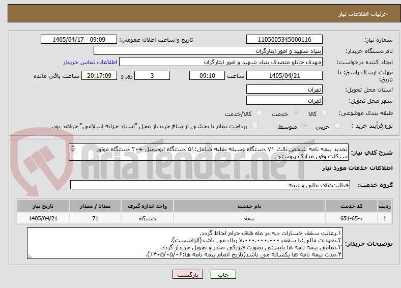 تصویر کوچک آگهی تمدید بیمه نامه شخص ثالث ۷۱ دستگاه وسیله نقلیه شامل:۵۱ دستگاه اتوموبیل +۲۰ دستگاه موتور سیکلت وفق مدارک پیوستی
بیمه نامه قبلی بیمه سینا بوده است.