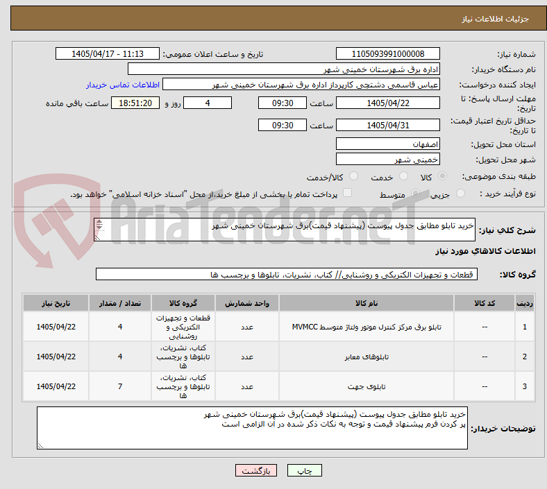 تصویر کوچک آگهی خرید تابلو مطابق جدول پیوست (پیشنهاد قیمت)برق شهرستان خمینی شهر

پرداخت در بازه زمانی یکساله می باشد