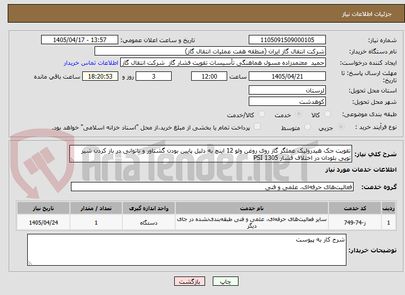 تصویر کوچک آگهی تقویت جک هیدرولیک عملگر گاز روی روغن ولو 12 اینچ به دلیل پایین بودن گشتاور و ناتوانی در باز کردن شیر توپی بلودان در اختلاف فشار 1305 PSI