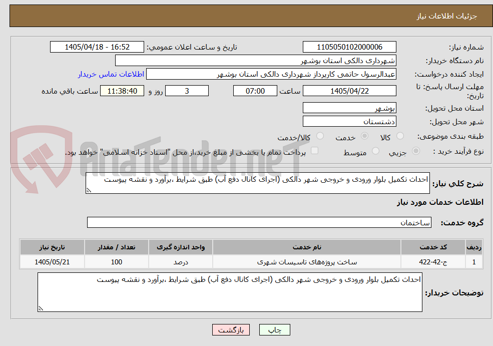 احداث تکمیل بلوار ورودی و خروجی شهر دالکی (اجرای کانال دفع آب) طبق شرایط ،برآورد و نقشه پیوست