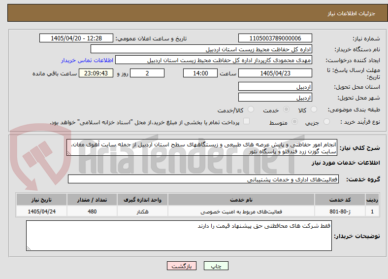 انجام امور حفاظتی و پایش عرصه های طبیعی و زیستگاههای سطح استان اردبیل از جمله سایت آهوی مغان، سایت گوزن زرد فندقلو و پاسگاه نئور
