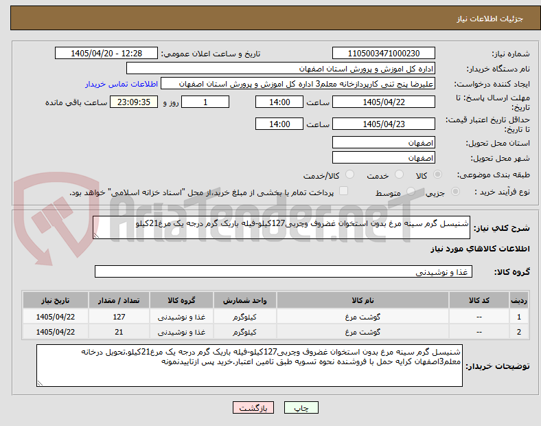تصویر کوچک آگهی شنیسل گرم سینه مرغ بدون استخوان غضروف وچربی127کیلو-فیله باریک گرم درجه یک مرغ21کیلو