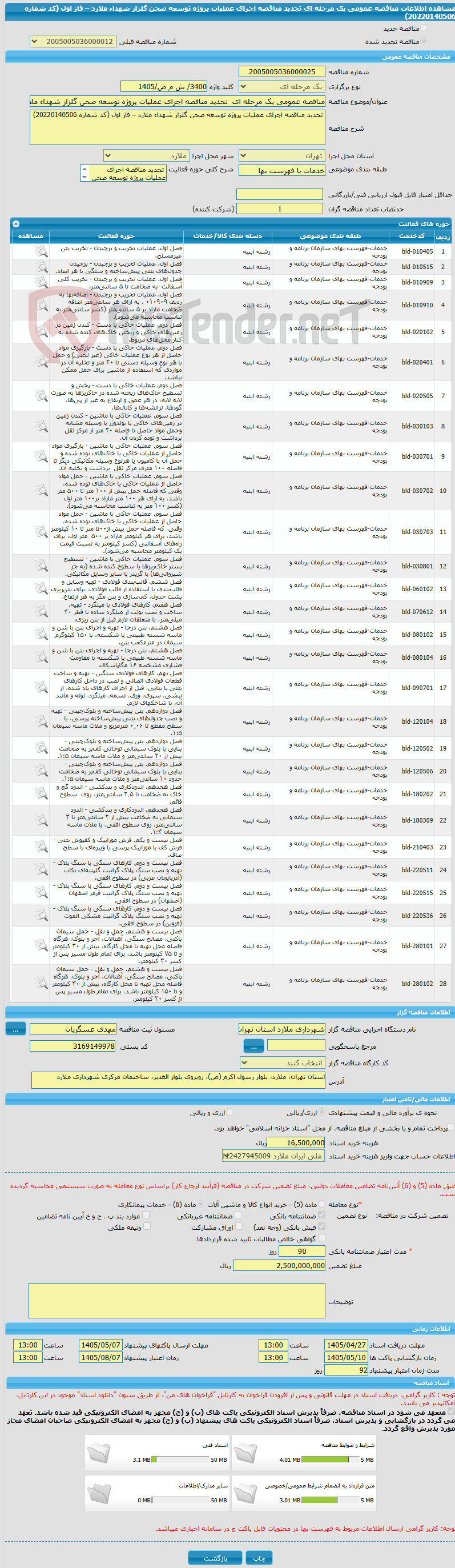 تصویر کوچک آگهی مناقصه عمومی یک مرحله ای  تجدید مناقصه اجرای عملیات پروژه توسعه صحن گلزار شهداء ملارد – فاز اول (کد شماره 20220140506)
