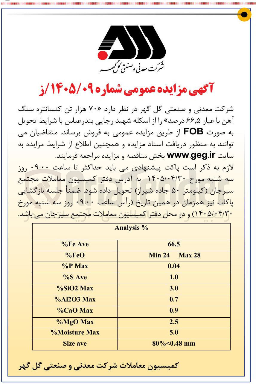 تصویر کوچک آگهی فروش ۷۰ هزار تن کنسانتره سنگ آهن