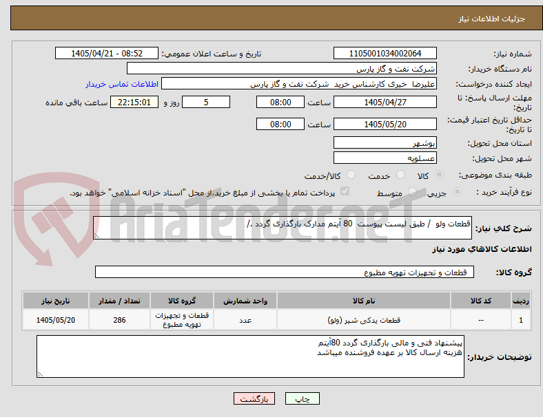 تصویر کوچک آگهی قطعات ولو  / طبق لیست پیوست  80 آیتم مدارک بارگذاری گردد ./ 