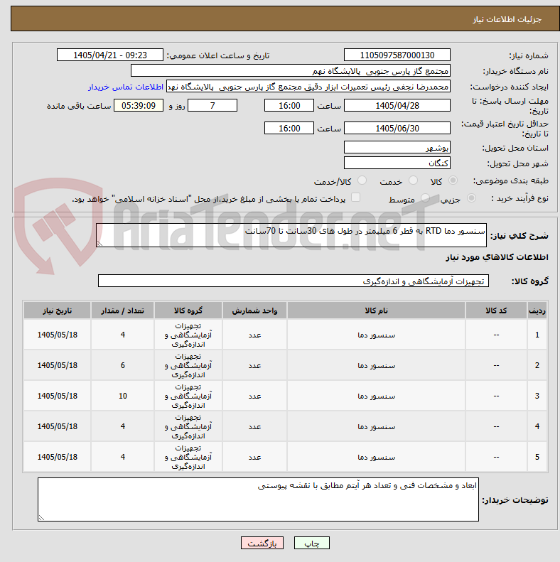 تصویر کوچک آگهی سنسور دما RTD به قطر 6 میلیمتر در طول های 30سانت تا 70سانت