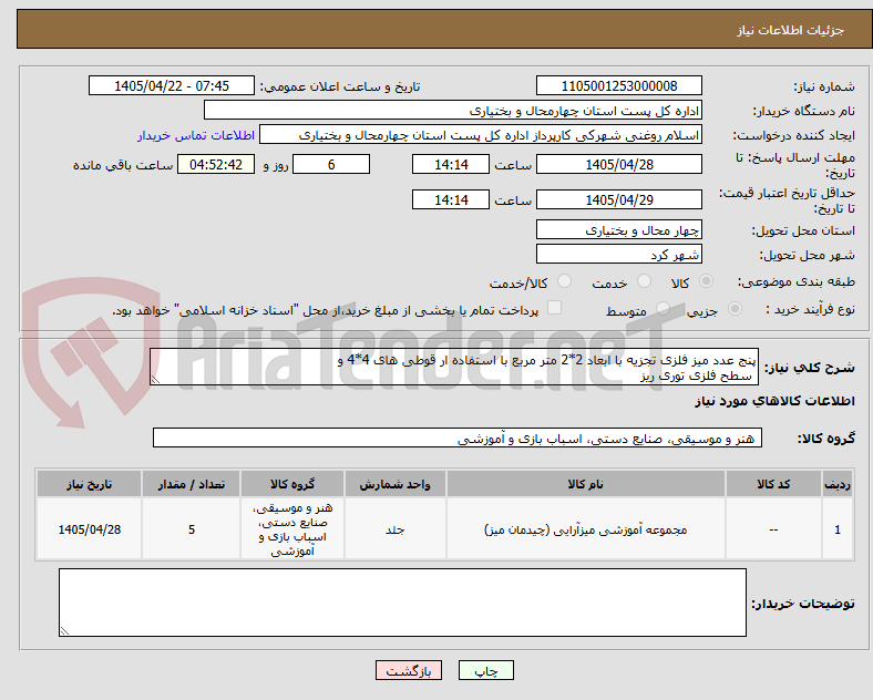 پنج عدد میز فلزی تجزیه با ابعاد 2*2 متر مربع با استفاده ار قوطی های 4*4 و
سطح فلزی توری ریز
