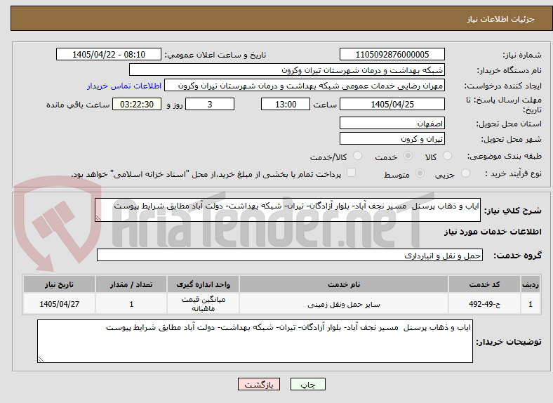 ایاب و ذهاب پرسنل مسیر نجف آباد- بلوار آزادگان- تیران- شبکه بهداشت- دولت آباد مطابق شرایط پیوست