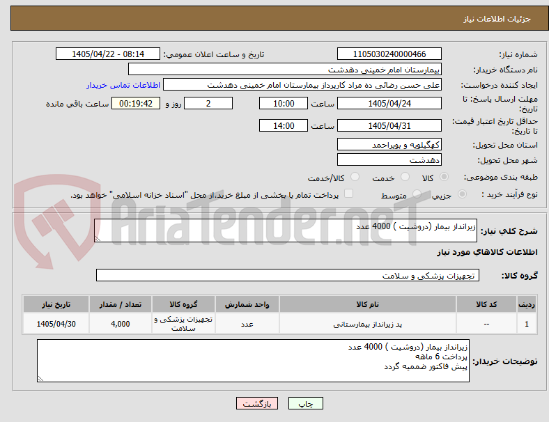 تصویر کوچک آگهی زیرانداز بیمار (دروشیت ) 4000 عدد