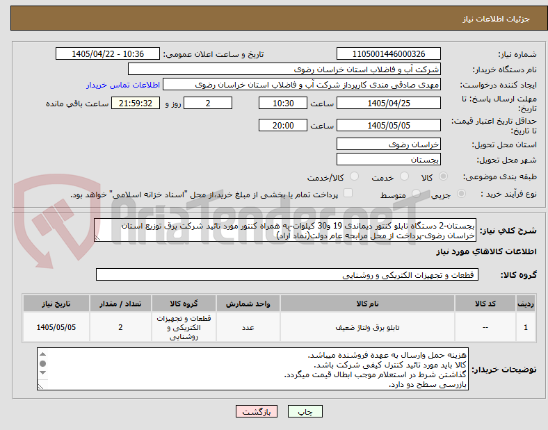 تصویر کوچک آگهی بجستان-2 دستگاه تابلو کنتور دیماندی 19 و30 کیلوات-به همراه کنتور مورد تائید شرکت برق توزیع استان خراسان رضوی-پرداخت از محل مرابحه عام دولت(نماد آراد)